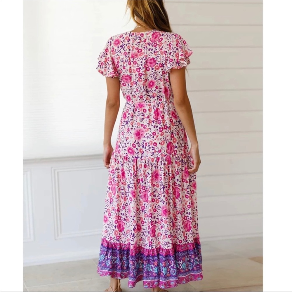 Girly Pink Boho Floral Gypsy Print Maxi Dress - Picture 4 of 11